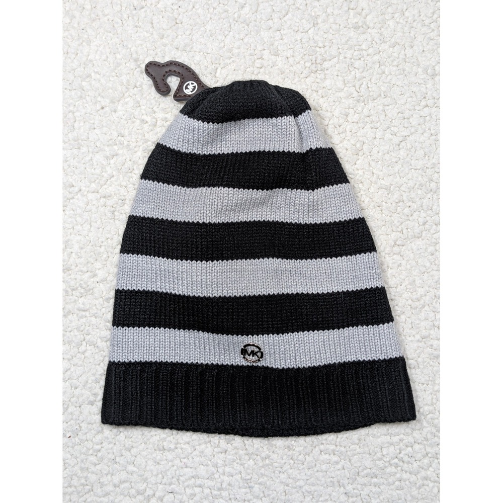 Michael Kors Mens Beanie Striped Knit Acrylic Black Gray Metallic Logo OS Hat